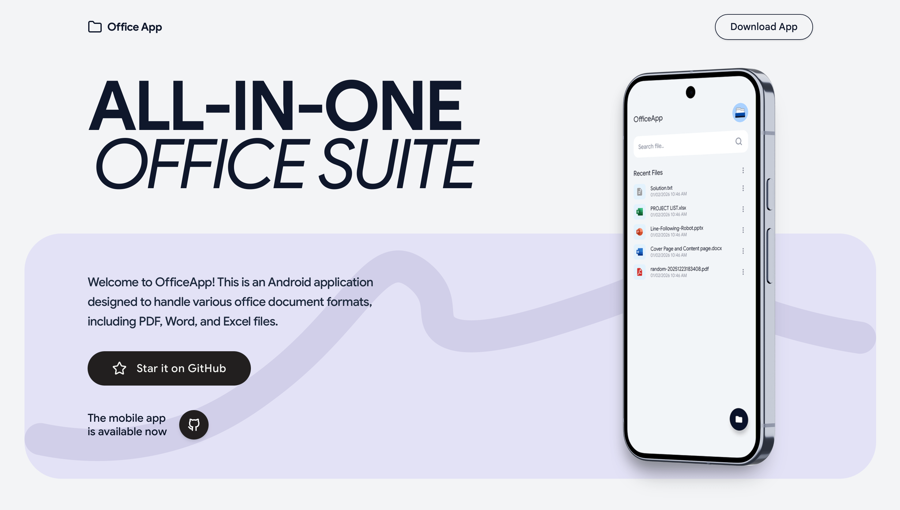 An Android application designed to handle various office document formats, including PDF, Word, and Excel files, with a focus on security.